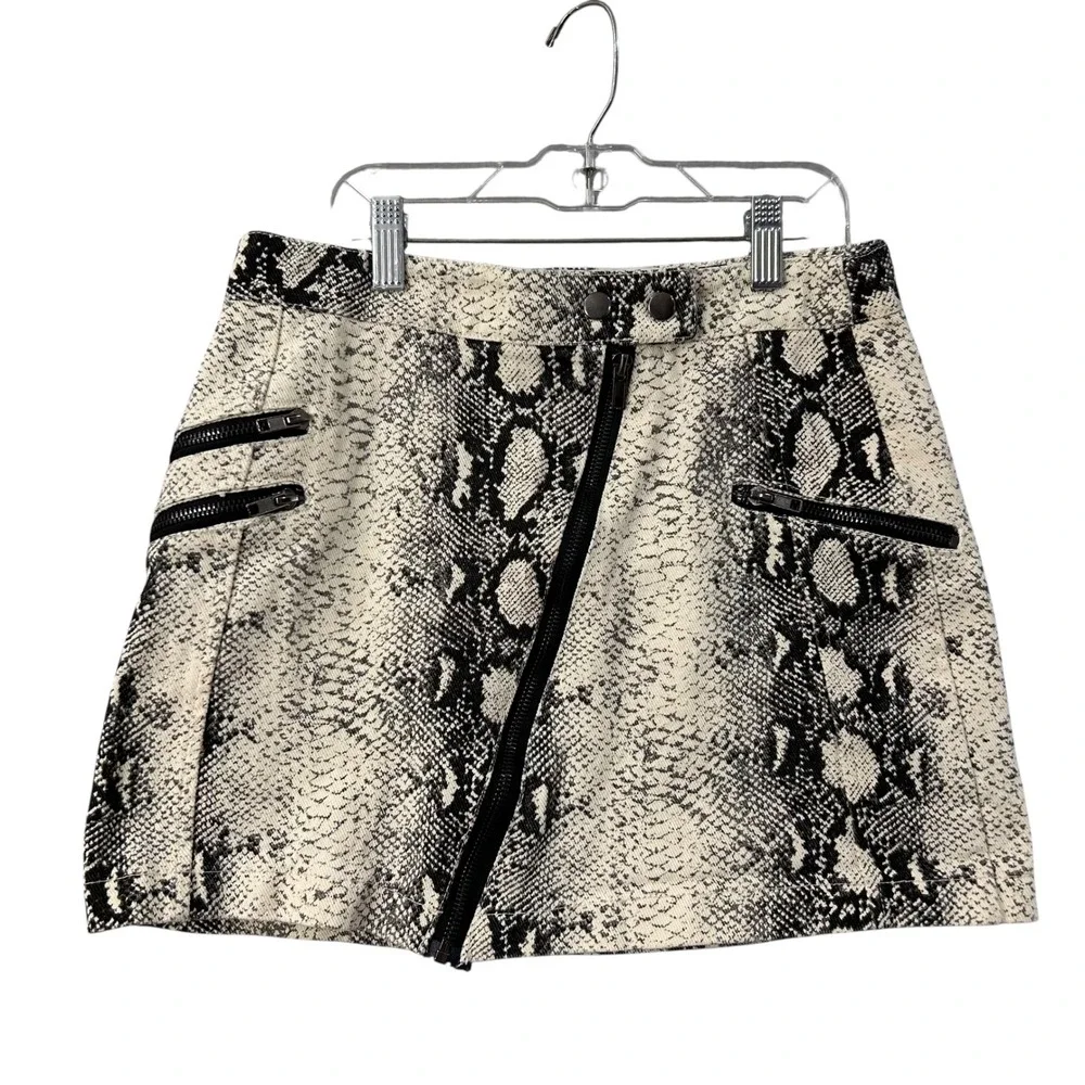Polly Snakeskin Mini Skirt Womens 4 Black Cream Zipper Detail Party Animal Print